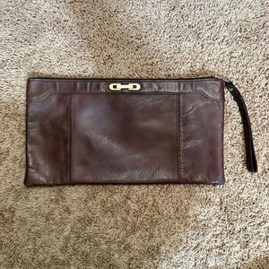 Vintage Brown Leather Oversized Zip Top Rectangle Clutch Gold Emblem Minimalist